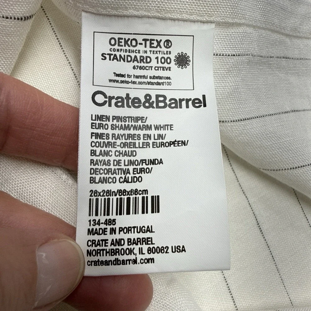 Crate & Barrel 100% Linen Pinstripe Warm White & Gray Square Pillow Sham 26